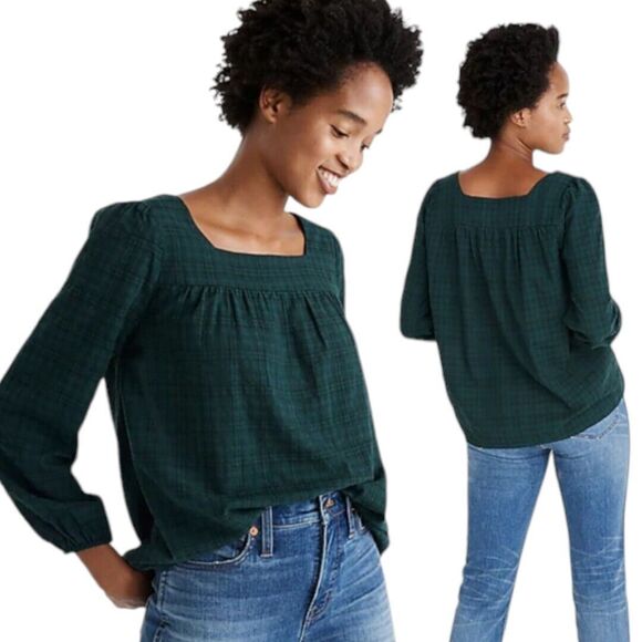 Madewell Tops - Madewell Plaid Forest Green Square Neck Elastic Stretch Cuffs Peasant Top Size M
